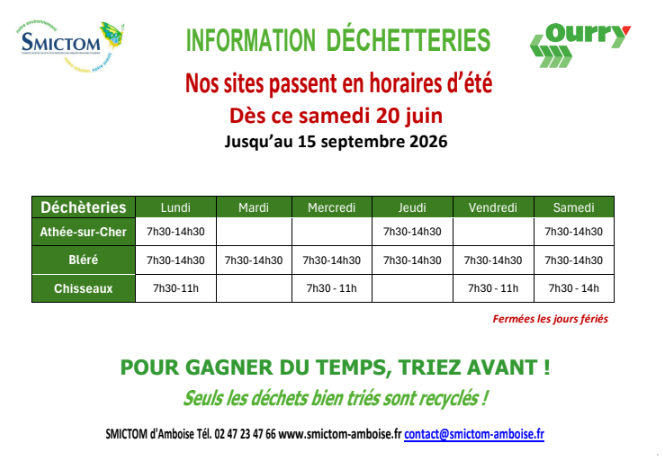 Horaires déchetteries à partir du 20 juin